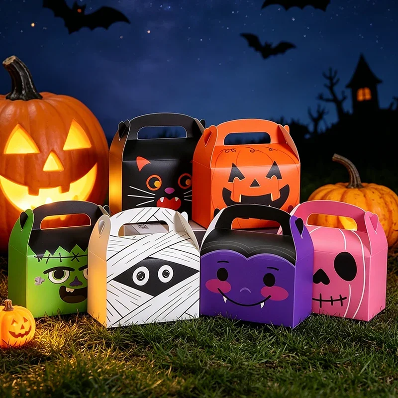 50Pcs Portable Handheld Halloween Candy Boxes Cake Muffin Cookie Snack Paper Gift Packaging Box Halloween Party Favor Treat Boxe