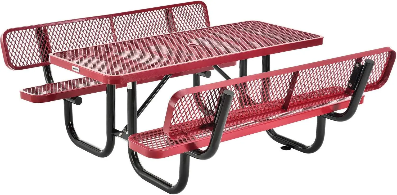 

Industrial 4' Rectangular Outdoor Expanded Metal Picnic Table with Backrests, Red