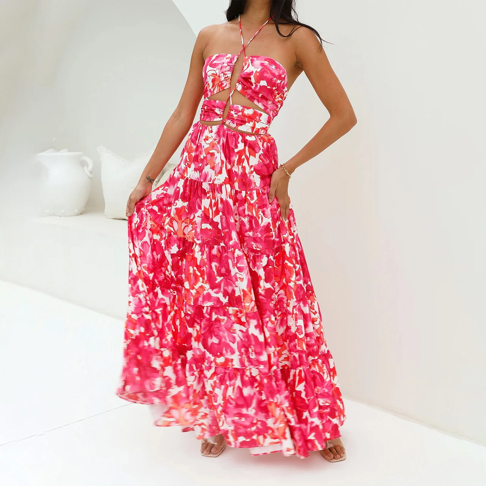 2025 Women Lace-up Long Dress Sleeveless Halter Dress Backless Flower Print Hollowed Summer Swing Dress Beach