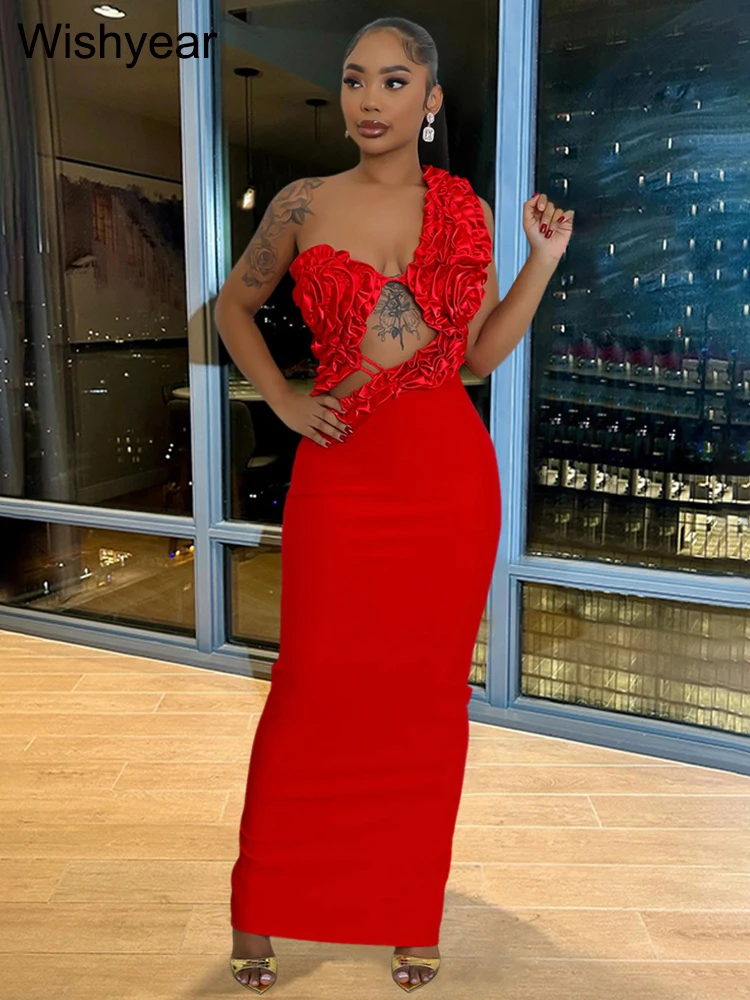

New Sexy One Shoulder Hollow Out Ruffles 3D Flower Red Dresses Women Bodycon Sleeveless Backless Night Party Birthday Vestidos