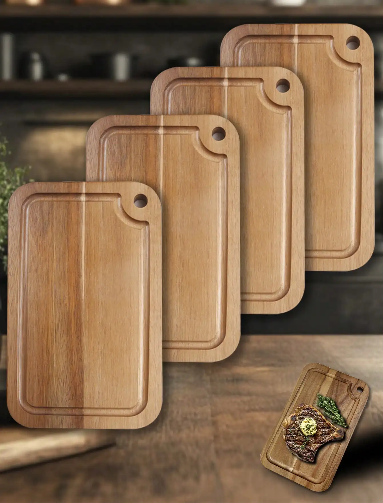 

4 Pcs Acacia Wood Steak Plates,CarnivoreCutting Board For Eating, Carved Meat WoodenPlate, Food Serving Tray,Cheese CharcuterieBoard With Deep Grooves & Hidden Handles