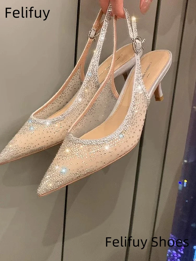 2025 Estate Nuovi Sandali da donna Acqua Diamante Maglia brillante Tacchi alti Calzature Elegante Slingback Fibbia a punta Scarpe da donna da festa