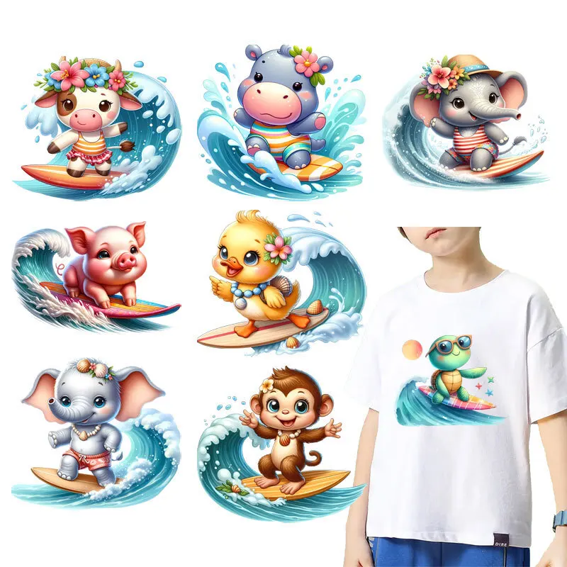 Hippopotamus Panda Elephant Surfing Transfers For Clothing Stickers Cartoon Animal Thermal Heat Transfer For Kids Clothes Print