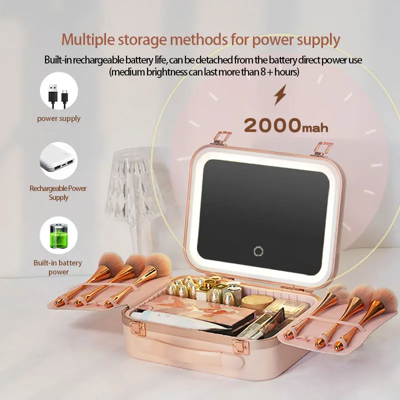 Portable Aluminum Travel Makeup Box Cosmetic Storage Case with LED Mirror & Detachable Partition for Cosmetics Makeup Brushes