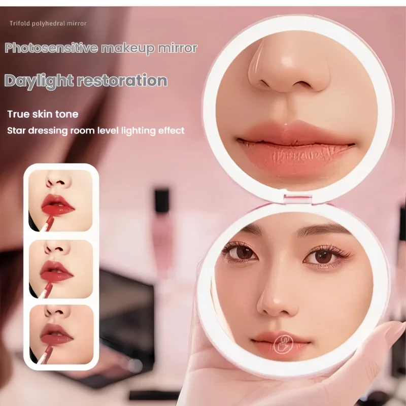 1 stuk 5x dubbelzijdige ronde make-upspiegel met led-driekleurige verlichting met USB-oplaadkabel, voldoen aan verschillende scènes, ideaal voor make-up, touch-up, huidverzorging, reinigende poriën, aanraakbaar om de kaptafel vast te houden, perfect cadeau voor vrouwelijke vrienden