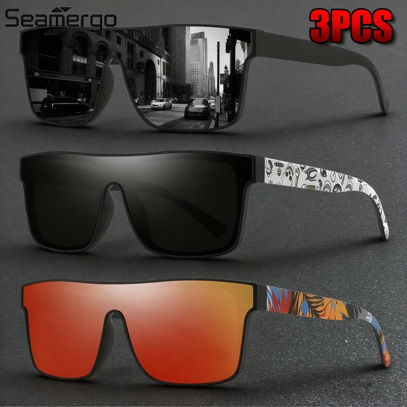 SEAMERGO 3-teilige Großrahmige Einteilige Winddichte Fahrrad-Sonnenbrille für Herren Hochwertige Retro-Mode Casual PC-Brille UV-Schutz
