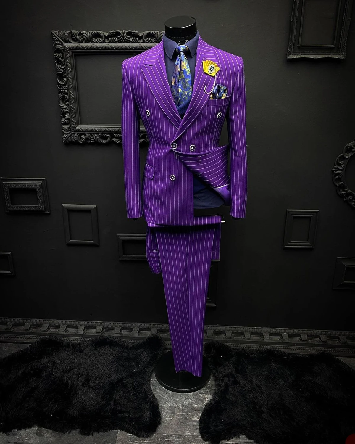 Purple Men's Suits Tailored 2 Pieces Blazer Pants Double Breasted Peaked Lapel Pinstripes Slim Wedding Groom Tailored Plus Size