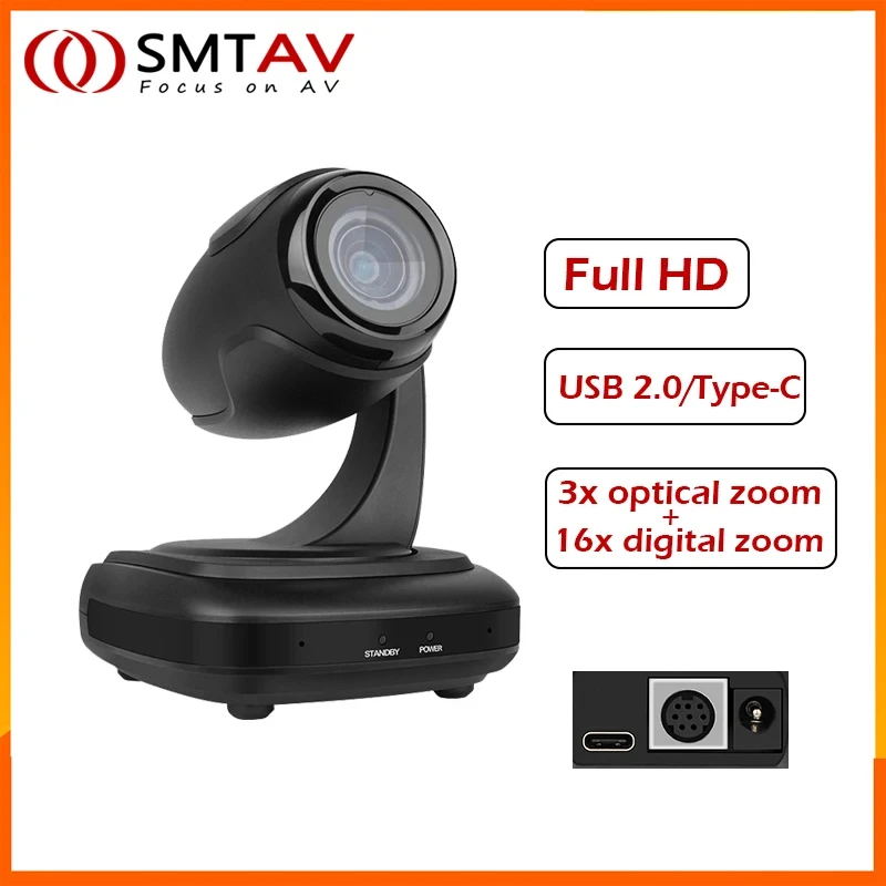 SMTAV AI Tracking USB2.0 1080P 3X Optical Zoom Live Streaming PTZ Camera for Broadcast Conference Events Church