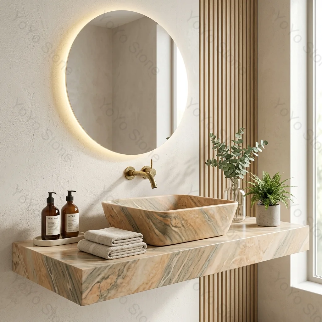 #￥Wholesale 100x50 Yellow Natural Marble Bathroom Vanity Top with Stone Sink Basin for Hotel Toilet Hand Wash