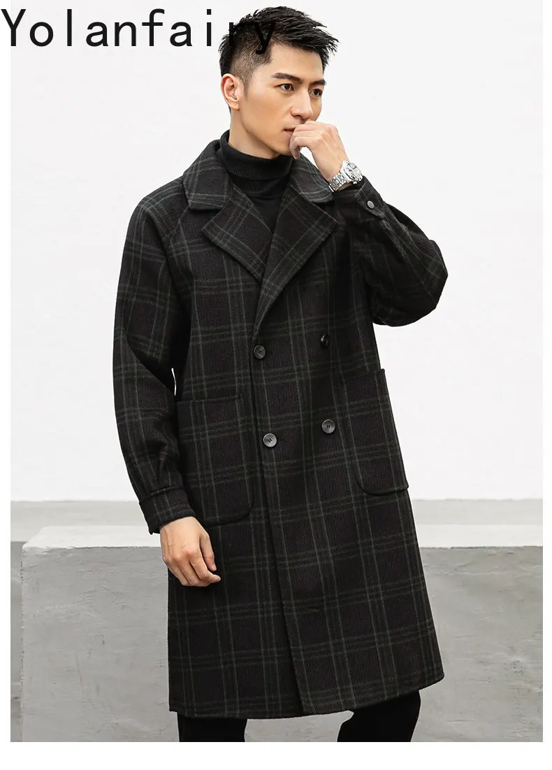 YOLANFAIRY 65% Wool Coat Men Mid-length Fashion Double-faced Woolen Jacket Autumn Winter Plaid Wool Trench Coats Man Clothing