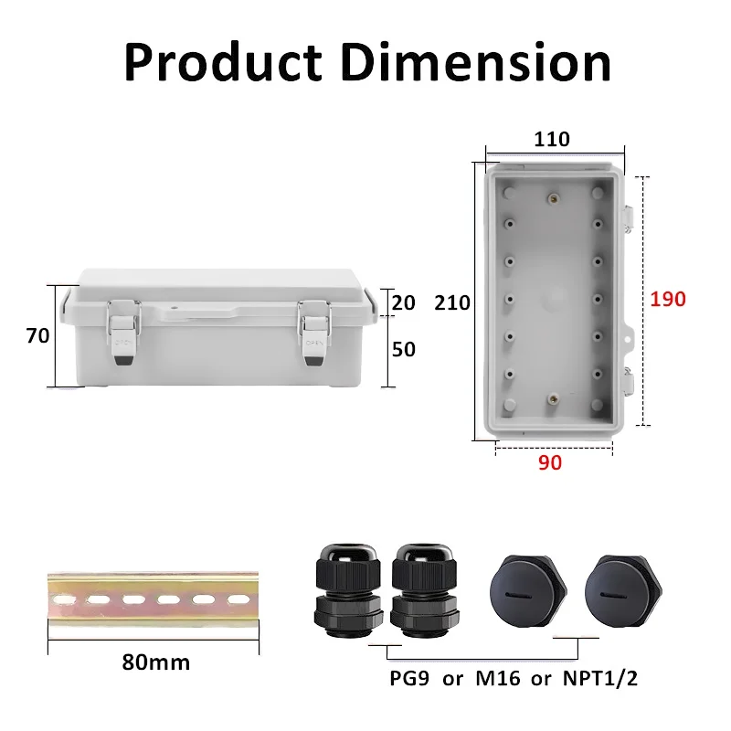 Gray Hinged Cover External Size 210x110x70mm IP67 Weathproof ABS Electrical Connection Box Easy To Install With Wall Brackets