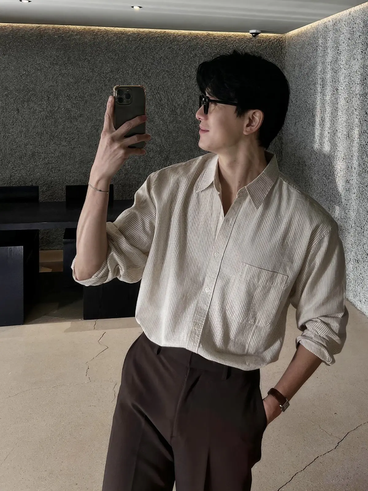 High Quality Men's Long Sleeve Striped Casual Shirt Flip Collar Fashionable Korean Style Spring Autumn Lightweight Matures Trend