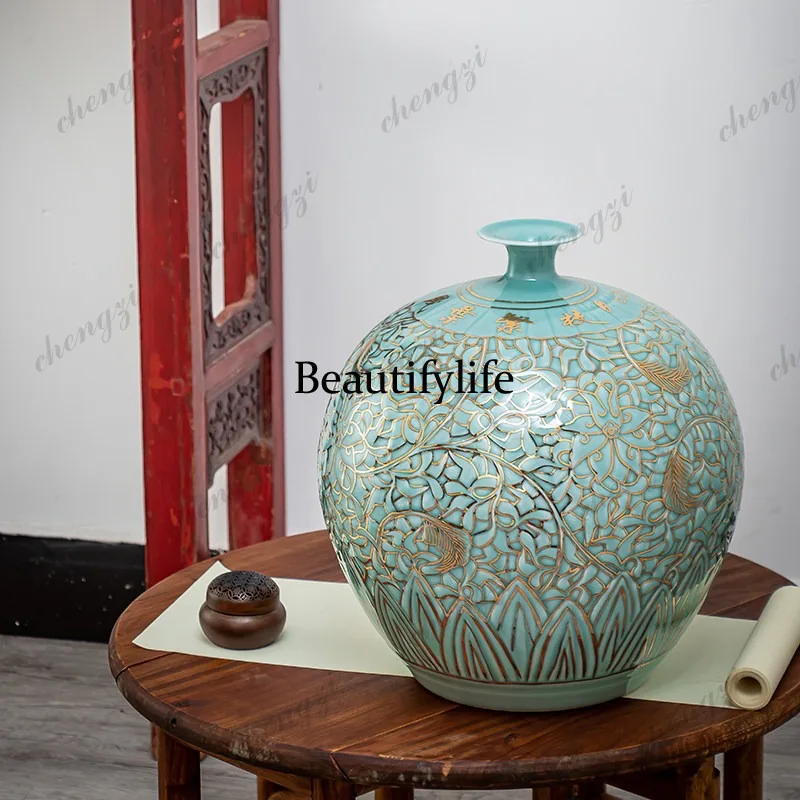 Ceramic vase living room floor ornament TV cabinet flower arrangement engraving shadow blue glaze gold decoration