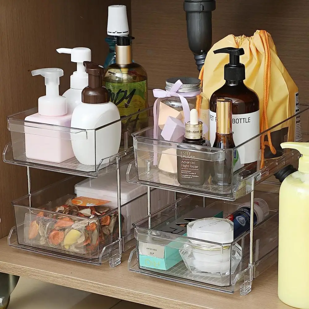 2 Tier Clear Organizer With Dividers Multi-functional Organizer Bathroom Countertop Rack Kitchen Snack Storage Holder