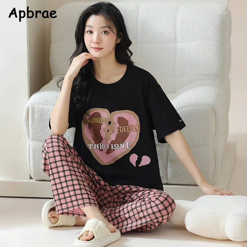 New Summer Women Pajamas Cotton Pajama Sets Short Sleeved Plaid Pants Pijamas Korean Leisure Kawaii Heart Print Sleepwear