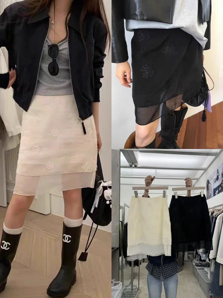 

Элегантная женская юбка миди с высокой талией, двухслойная, с вышивкой цветов, летняя коллекция 2025, новинка, дышащий материал