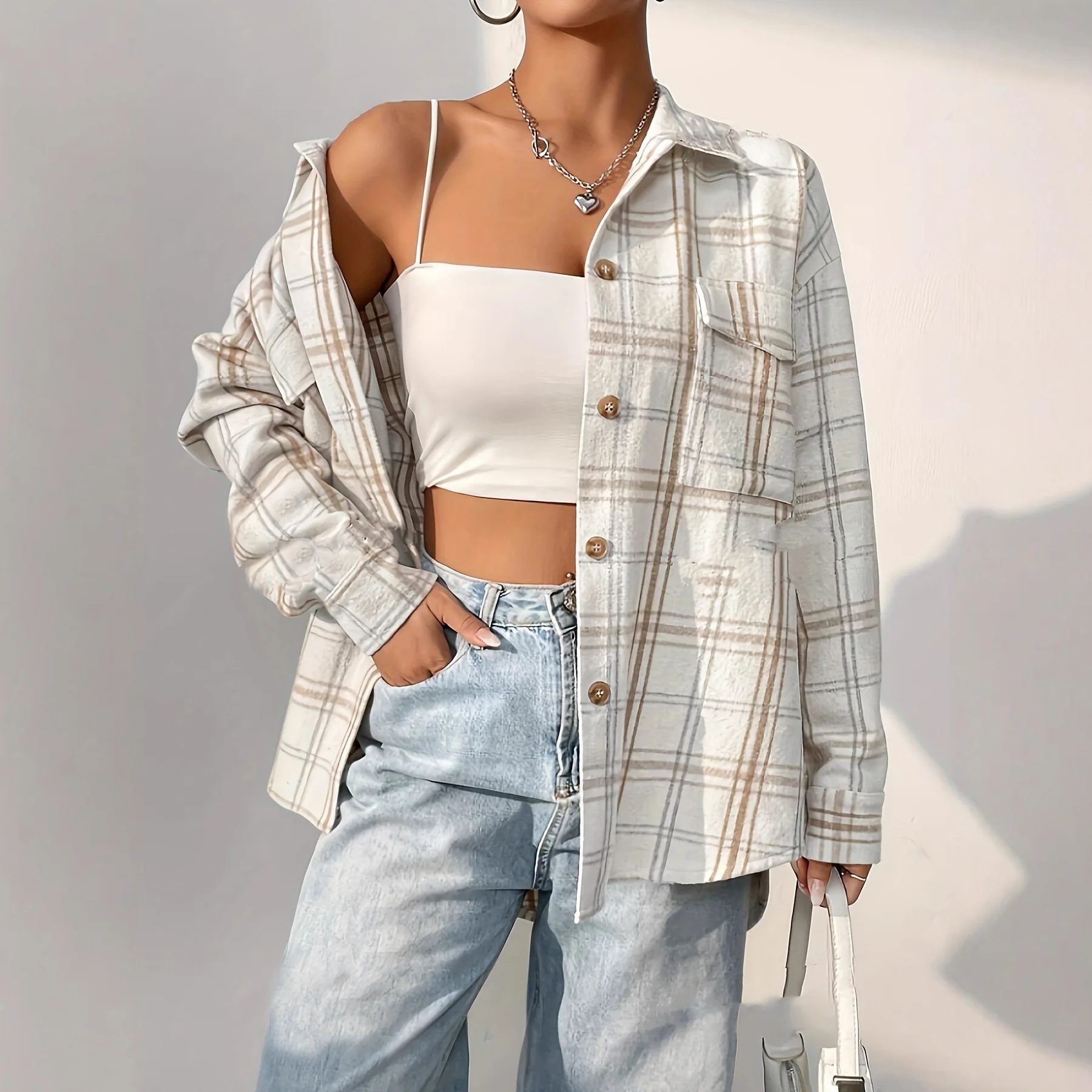 

2025 Early Autumn Lapel Women's Plaid Printed Long-sleeved Shirt Women's Daily Versatile Button Fashionable Casual Shirt Jacket