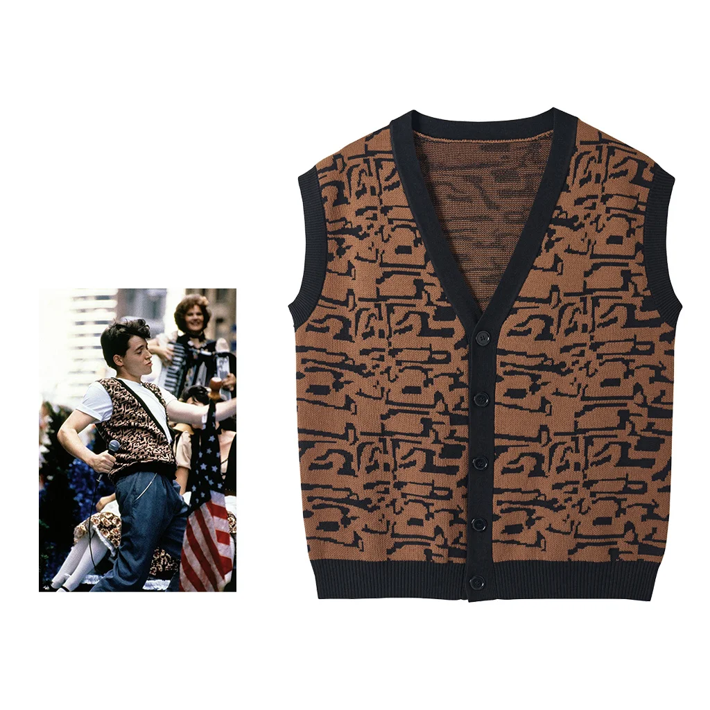 Ferris Bueller Cosplay Costume Sweater Vest Ferris Bueller's Day Off Ferris Costume Brown And Black Casual Knitted Cardigan Vest