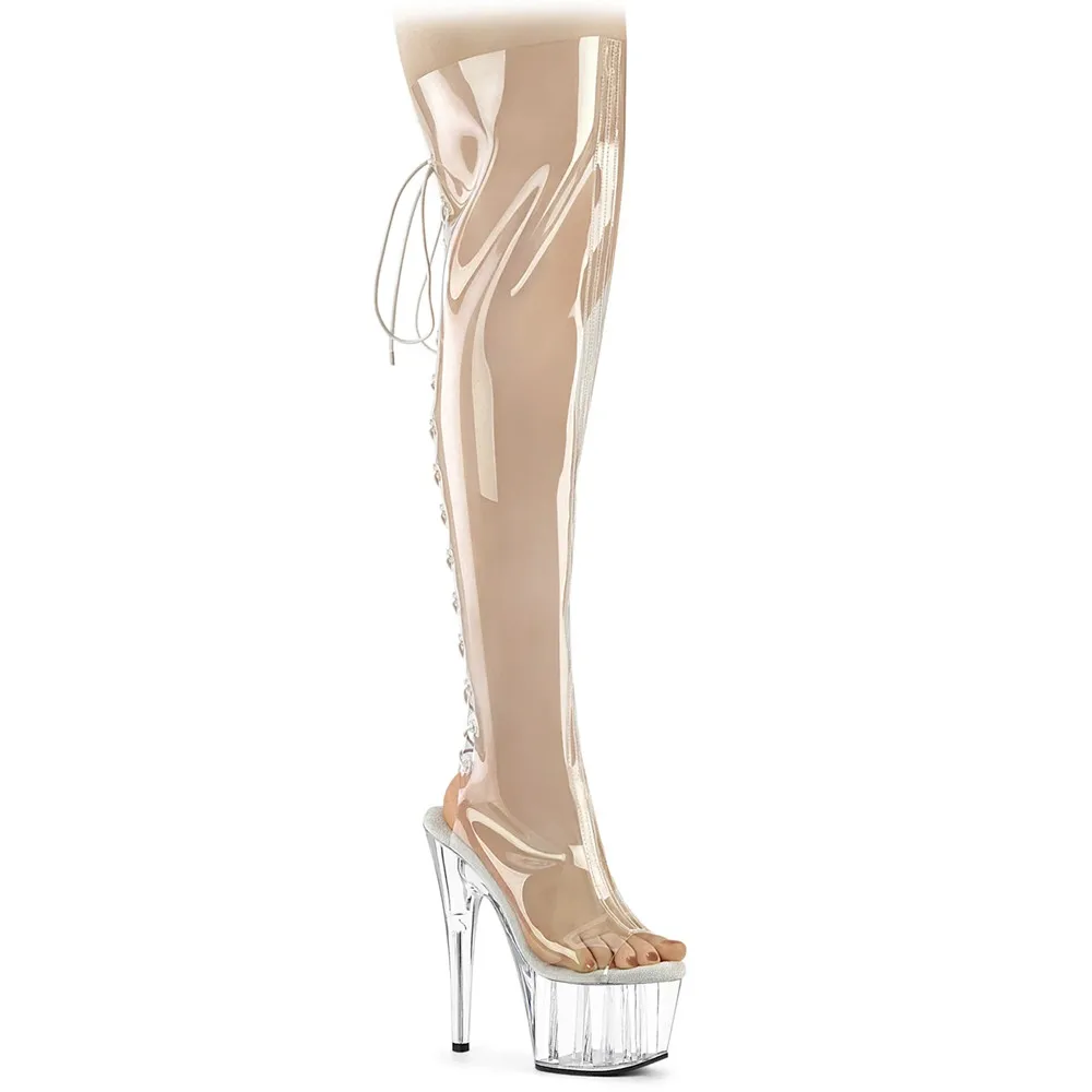 

17cm over-the-knee boots, transparent PU material, zipper open, model fashion sexy runway boots
