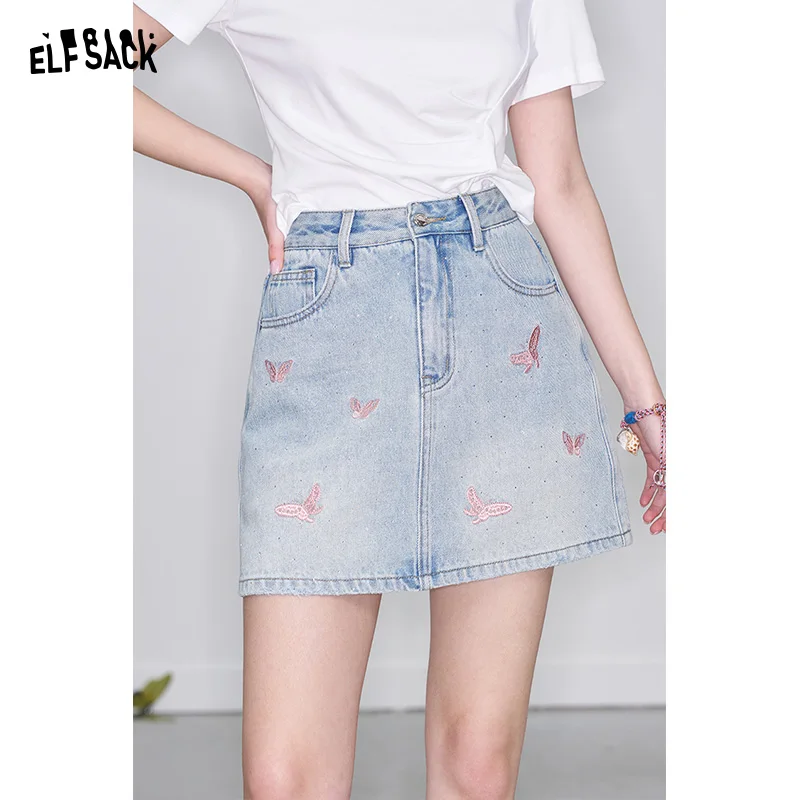 

ELFSACK 2025 Spring New Arrivals Y2K Butterfly Embroidery Diamond Denim Skirt Women High Waist A-Line Mini Skirt