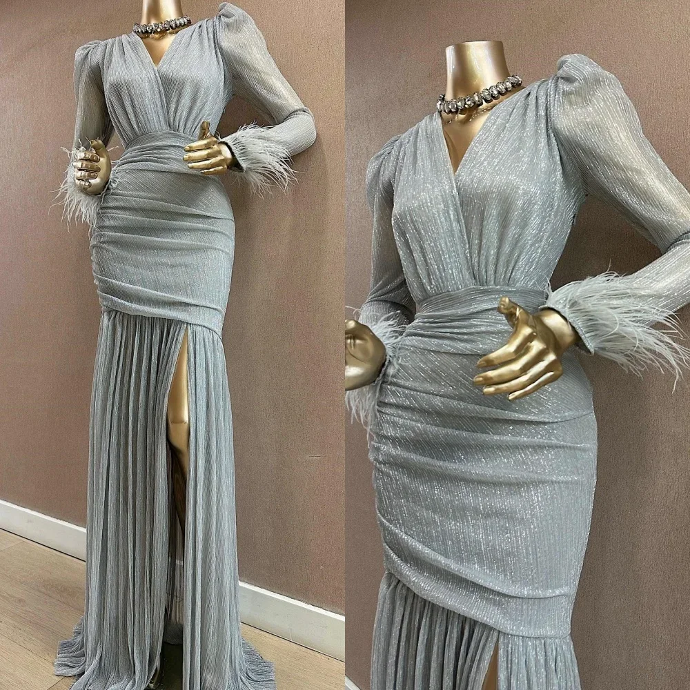 Customized   Exquisite V-neck Sheath Floor Length Evening Es Feathers Vertically Chiffon Customized  Luxury Dress