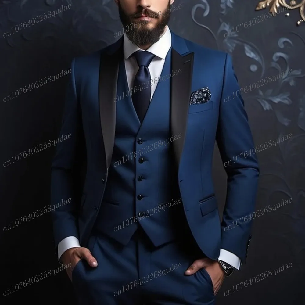 Black Collar Navy Blue Men Suit Wedding Party Groom Groomsman Male Tuxedos Bridegroom Costume 3 Piece Set Blazer Vest Pants