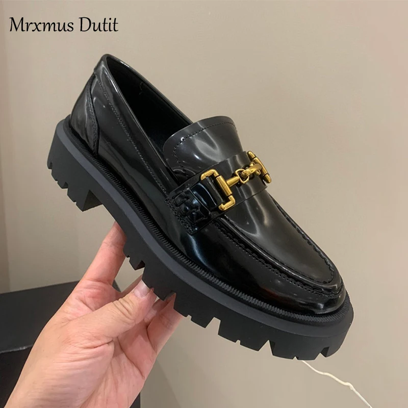 Mrxmus Dutit 2024 New Women Genuine Leather Round Head Thick Loafer Shallow Black Wild Casual Simple Slip-on Shoes Female