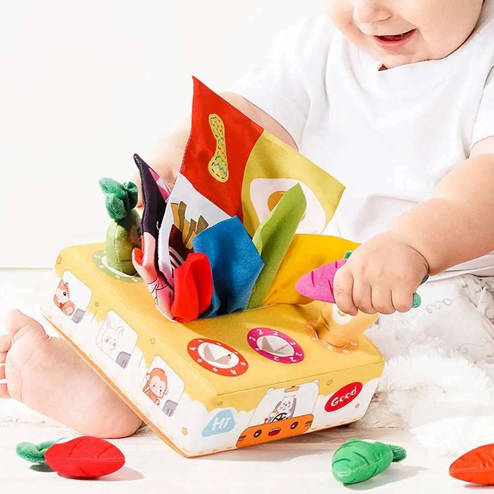 Morbido giocattolo per scatola di fazzoletti per bambini Giocattolo per esercizi con le dita resistente allo strappo Ravanello Giocattolo Montessori Giocattolo per libri di stoffa per l'apprendimento dei colori che non sbiadisce