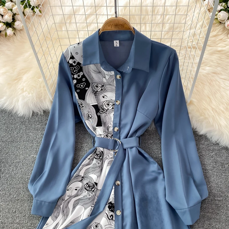 New Runway Design Spring Autumn New Irregular Cardigan Color Blocking Lapel Long Sleeve Shirt Dress