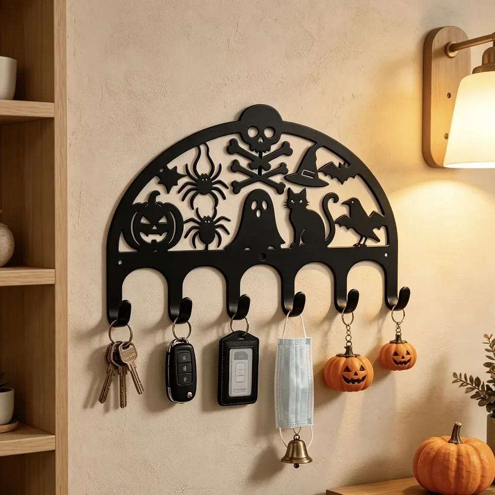 CIFBUY Halloween Metal Key Hook, Iron Sculpture, Rustproof Skeleton Pumpkin Ghost Bat Spider Black Cat Decor Gift