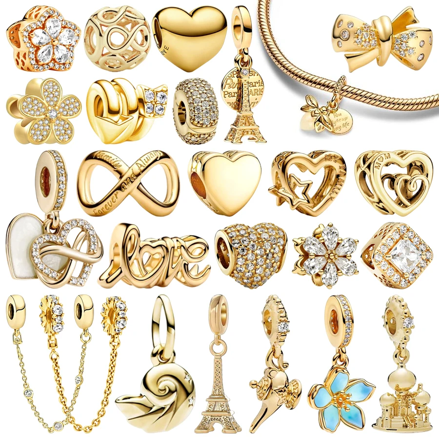 2026 Nowe, błyszczące, złote, oryginalne charmsy DIY, elegancka biżuteria na prezent, łańcuszek zabezpieczający, płatki śniegu, kwiaty, serca, koraliki pasujące do bransoletek typu snake.