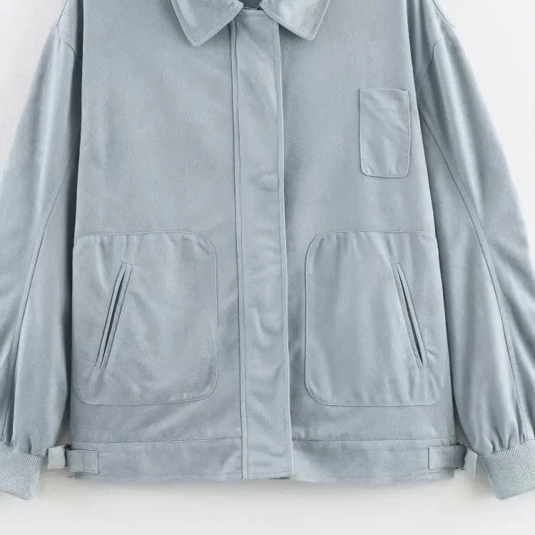 Faionable Cappotto ort in pelle scamosciata allentata con risvolto in puro colore retrò per donna Autunno New Sle JNLEAOG Poliestere lungo con cerniera