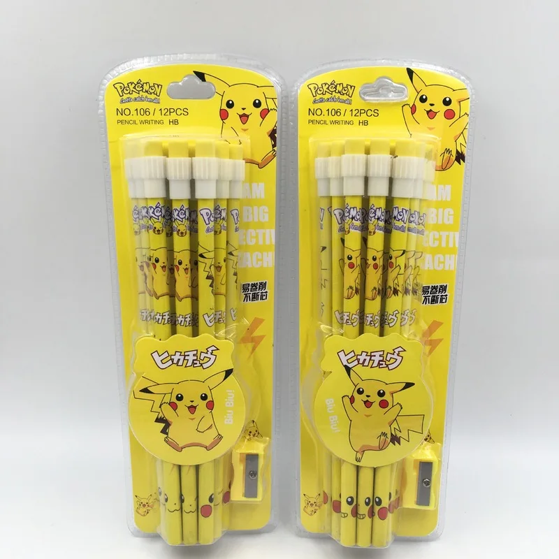 Lápiz de Pikachu para niños, sacapuntas de dibujos animados, artículos de papelería Kawaii para estudiantes, suministros de oficina, regalo de cumpleaños, 12 piezas