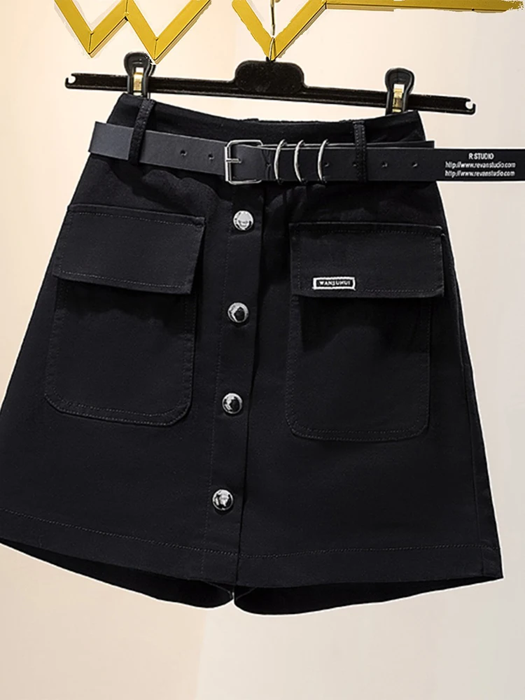 Women Slimming Layered Casual Skorts Summer New Design Sense Stylish Utility Button Front Denim Shorts With Belted