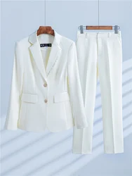 Women Elegant Blazer Pantsuits Two Piece Set Office Ladies Commuter White Pink Business Spliced Blazer + Pants Formal Suit