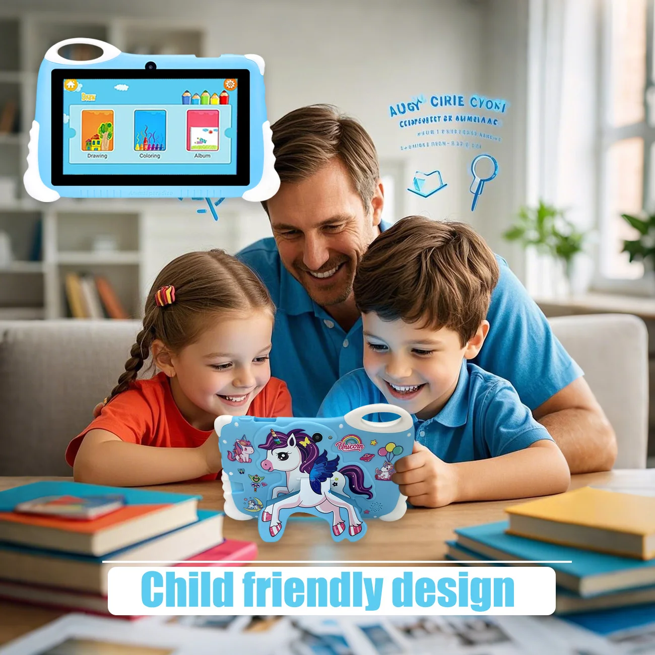 Tablet infantil Android 12 de 7 polegadas, tablet educacional com câmeras duplas, projetado para meninos e meninas como aniversário divertido, presentes de Natal