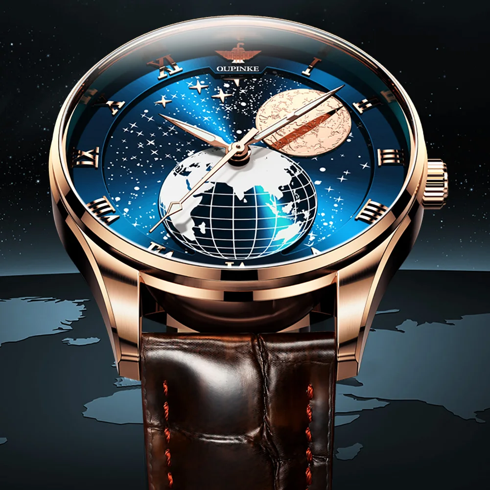 OUPINKE Luxury Men\'s Mechanical Watch Star Moon Phase Sapphire Waterproof Luminous Leather Business Men Automatic Wirstwatches