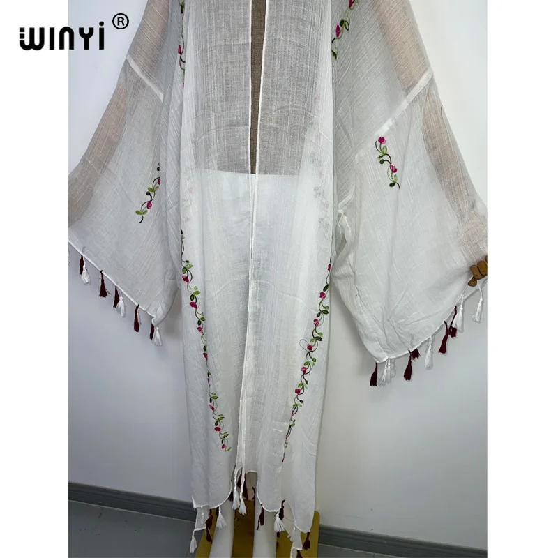 WINYI Embroidery tassels Dress Beach Cover Up Bohemian All-match Sexy comfortable perspective home coat Elegant Holiday Kimono