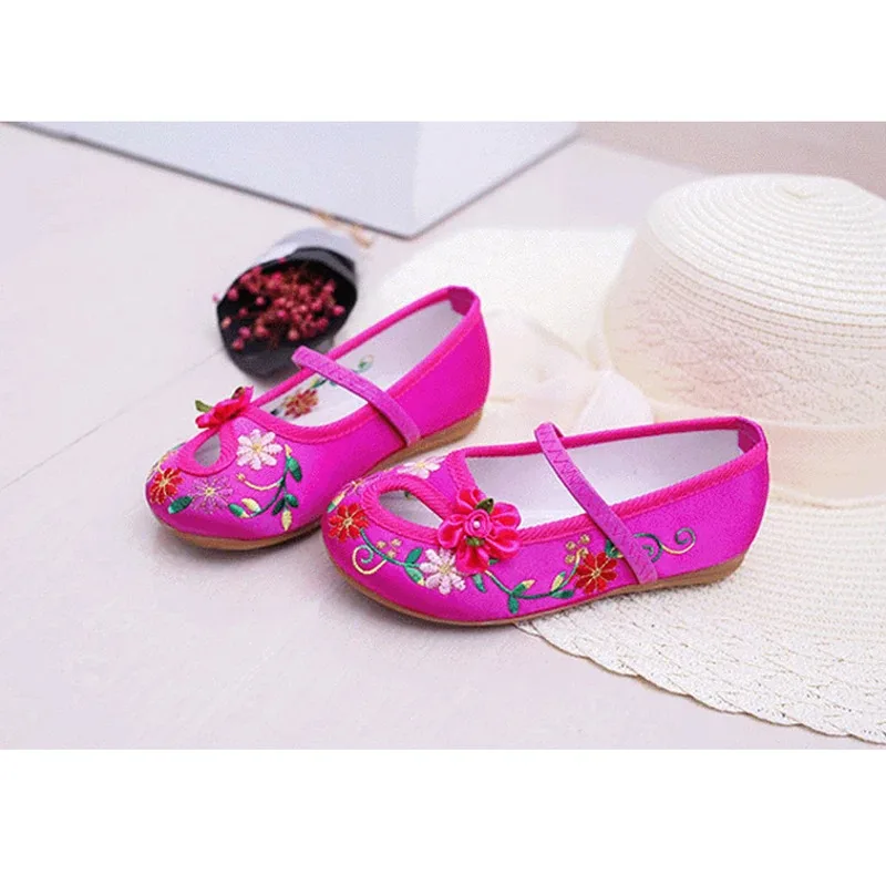 LZH Traditional Style Flats Ethnic Dance Vintage Hanfu Soft Shoes Children For Chinese Girl Embroidered Floral Cloth Shoes