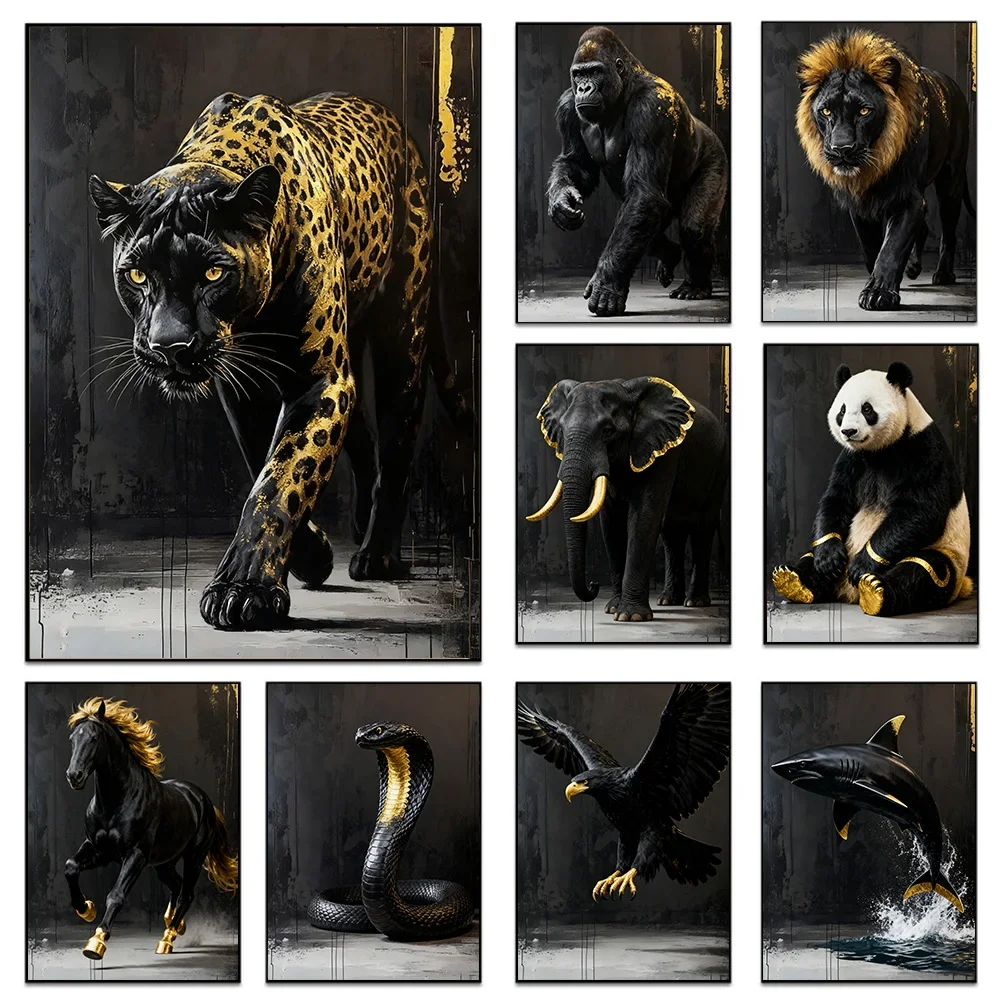 (No frame)Black And Gold Panther Painting Jungle Safari Animals Canvas Wall Art Wolf Gorilla Elephant Lion King Poster Print