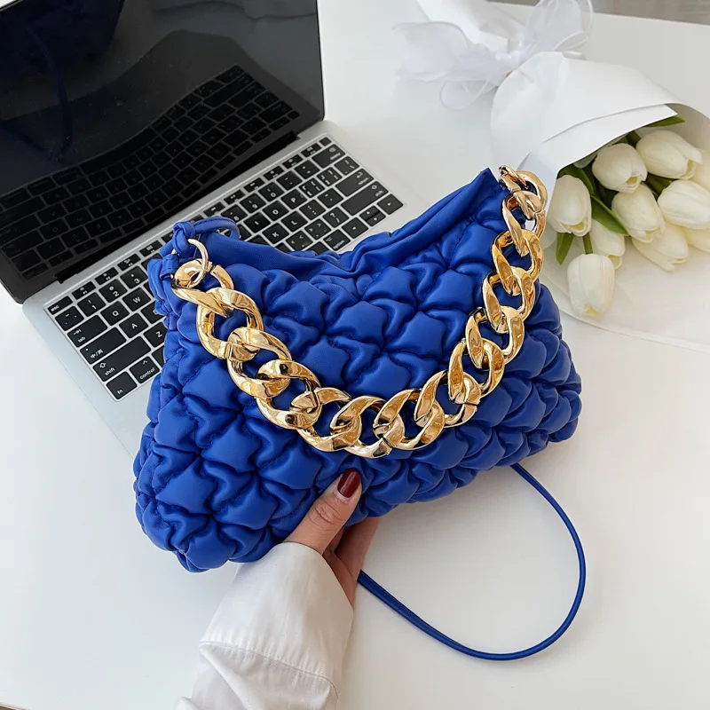 Fashion Pleated Crossbody Bags For Women Chain Decoration Lady Shoulder Bag Pu Leather Plaid Handbags Female Cross Body