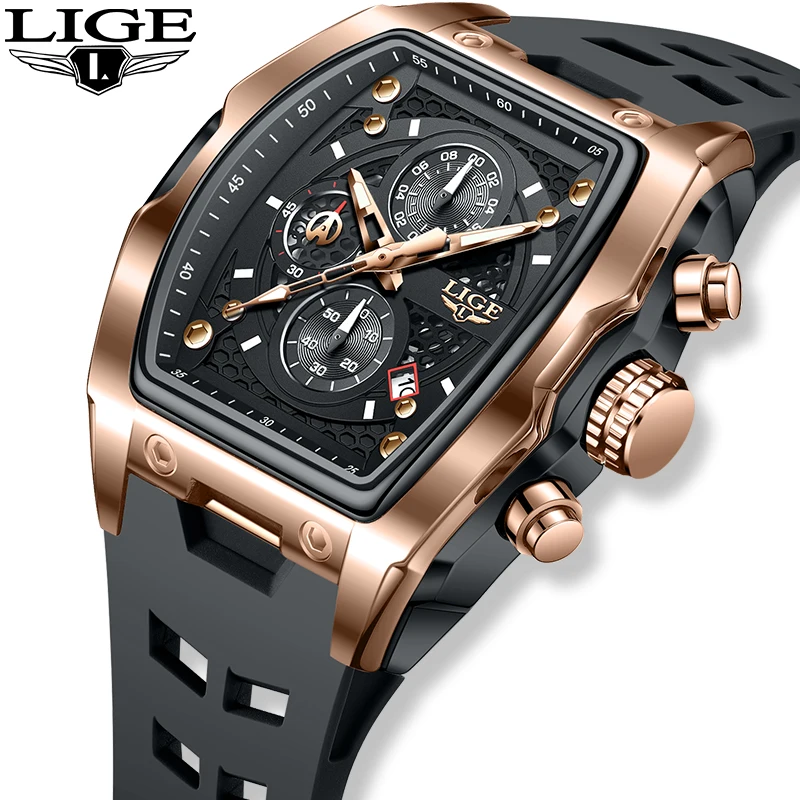 

LIGE Outdoor Trendency Quartz Man Watch Fashion Square Silicone Waterproof Casual Sport Hollow Date Luminous Watches for Men New