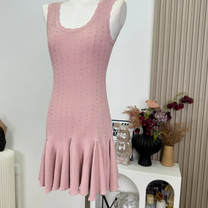 Wysokiej jakości damska dzianinowa krótka sukienka na lato 2025, nowa, dopasowana sukienka swetrowa na imprezę, wieczorowa sukienka mini, odzież damska.