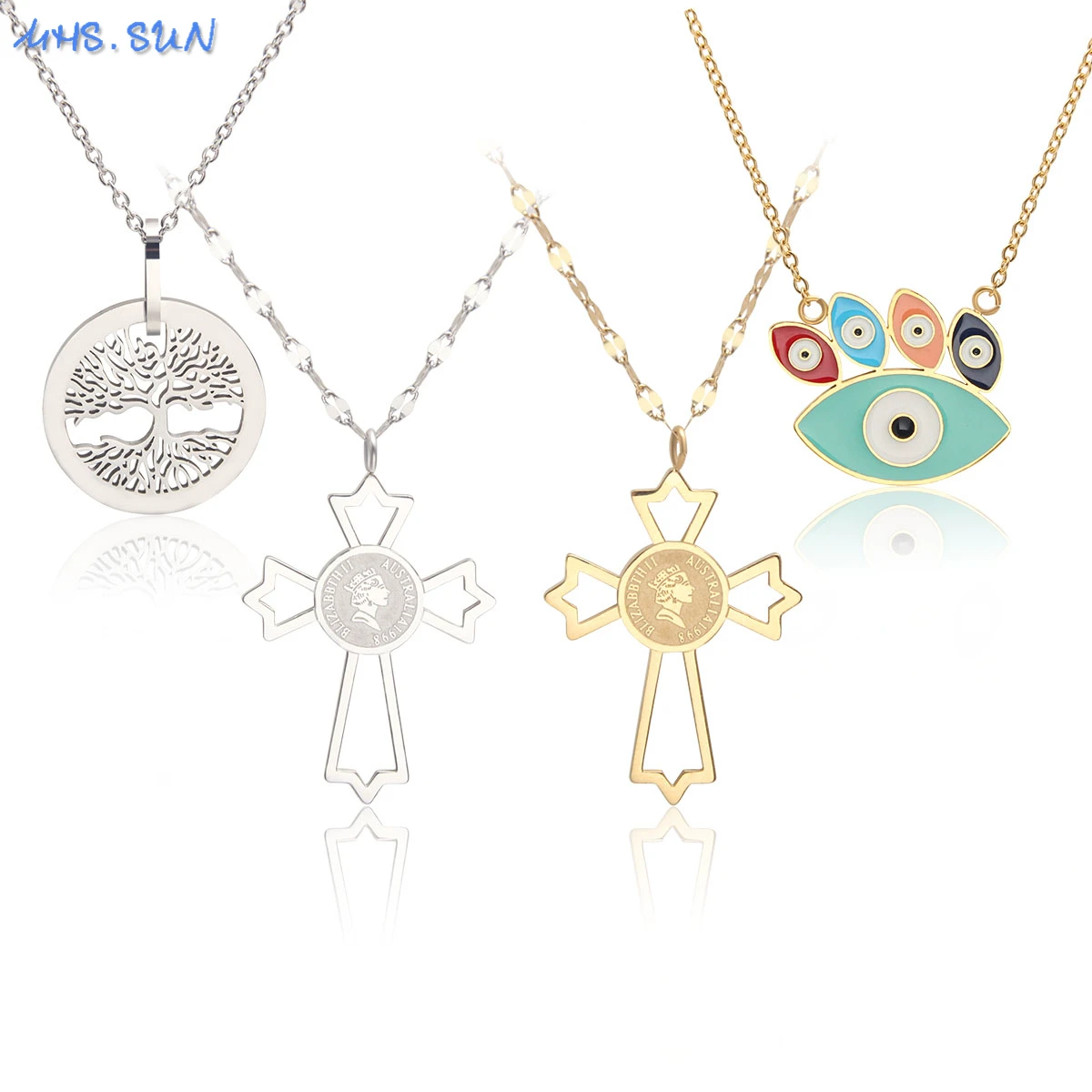 Collares de Acero Inoxidable SUNSLL, Color Oro y Plata, Unisex, con Colgante de Árbol de la Vida/Cruz/Ojo Turco, Gargantilla, Joyería Popular para Fiestas