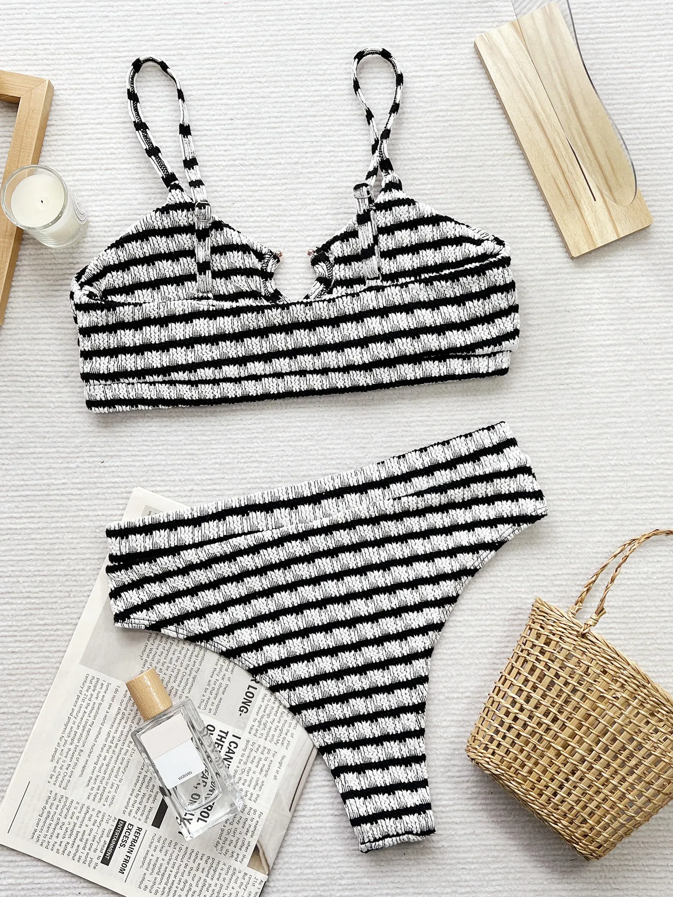 Prowow Women Bikinis Set 2024 New Arrivals Summer Black White Striped Bathing Swimming Suits Two Piece Separated Beach Wear