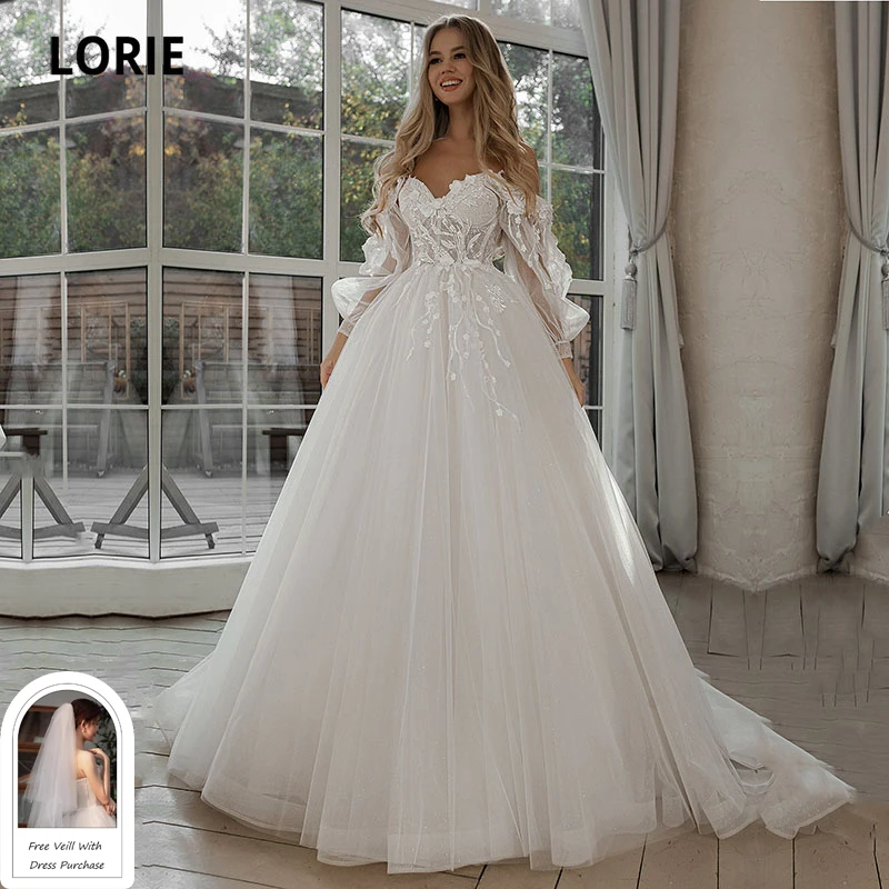 LORIE Glitter Wedding Dresses Puff Sleeve Appliques Lace 3D Flower off Shoulder Tulle Boho Bride Gown Customized vestidosdenovia