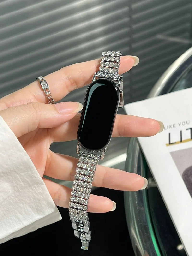 Multi Row Rhinestone Metal Strap for Xiaomi Band 10 9 8 NFC Sparkling Diamond Wristband for Huawei Watch GT 6 5 4 Women Bracelet