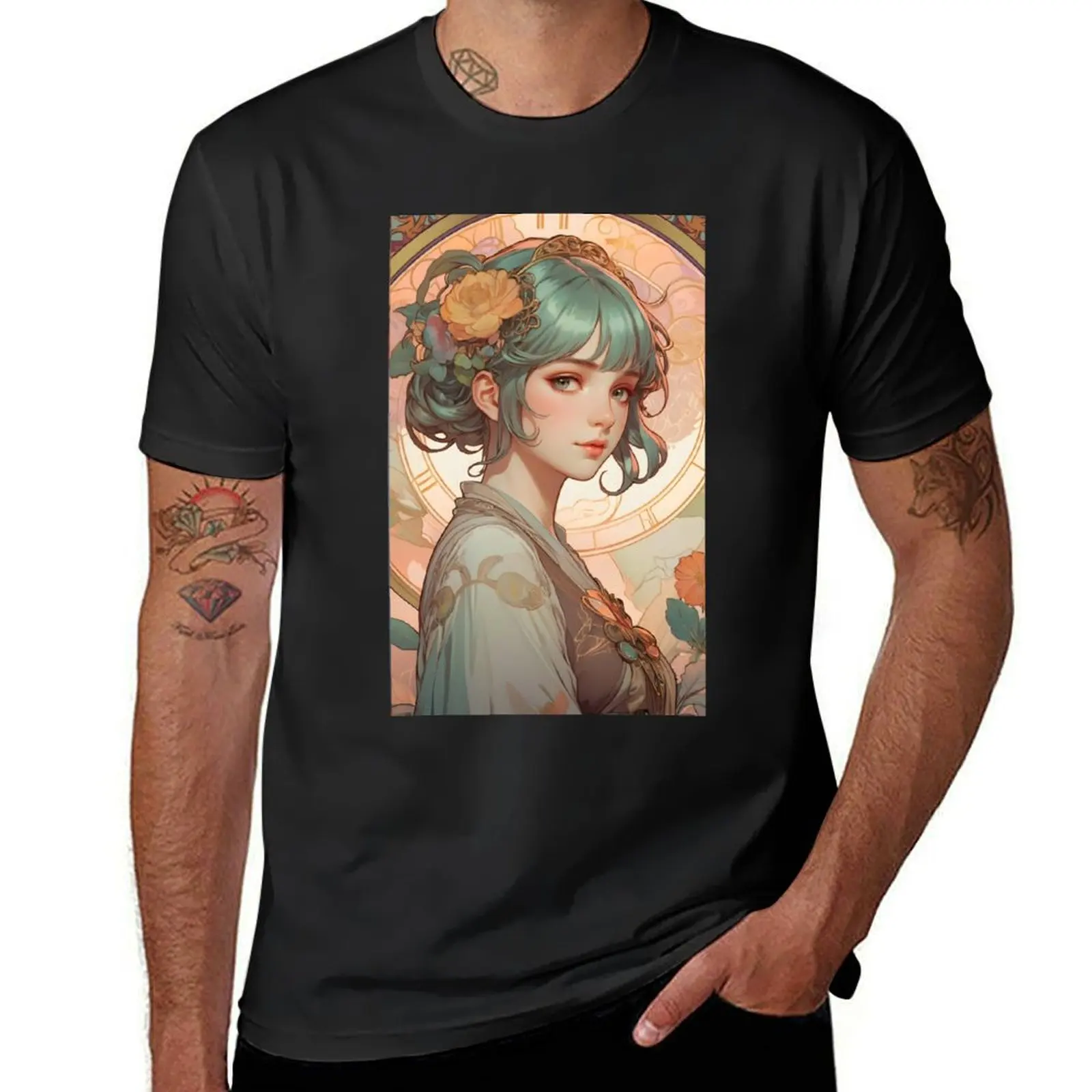 

pretty anime girl x alfons mucha T-shirt plus sizes vintage plain anime clothes Men's t shirts