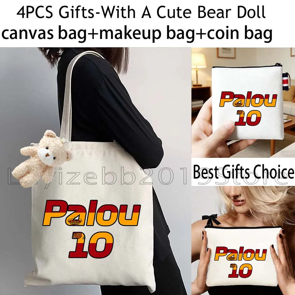 4PCS Cute Gifts Alex Palou Car Number 10 White Canvas Tote Bag Cotton Handbag,Cosmetic Makeup Bag,Coin Purse Wallet Zipper Pouch