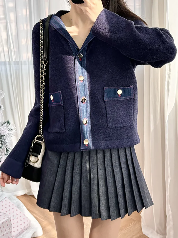 Early spring women's gentle fashion denim patchwork navy collar long sleeve knitted cardigan coat